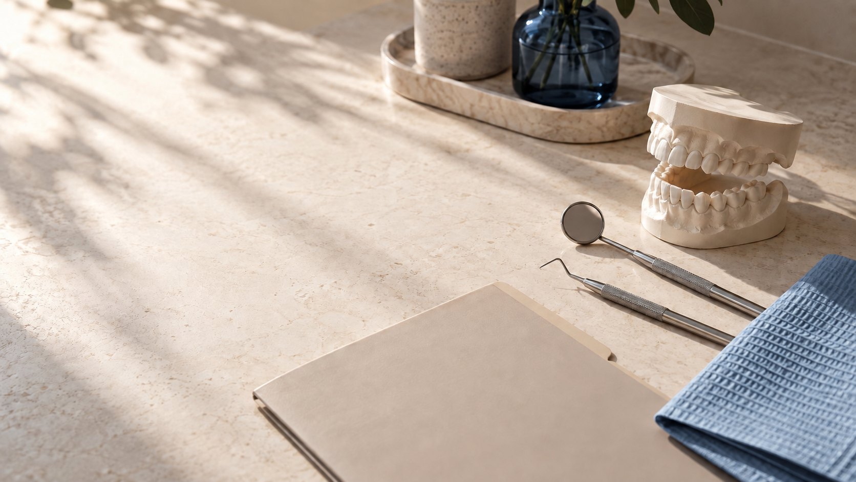 Modelo dental, instrumental y expediente preparados para una consulta